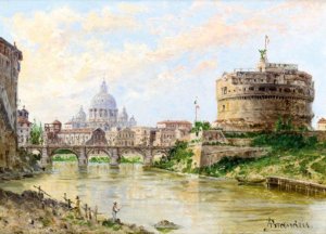 A View Of The Tiber With Castel Sant' Angelo And St Peter'S