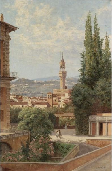 Florence, View Of The Palazzo Vecchio With Fiesole In The Distance